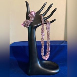Matching Set of Necklace and Bracelet Beaded Purple and Pink